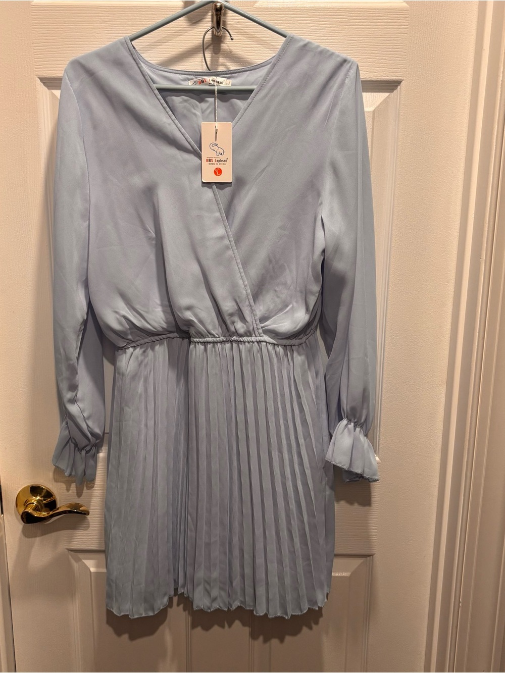 BBX Lephsnt Women V-Neck Long Sleeve Pleated Fit & Flare Blue Dress Size L
